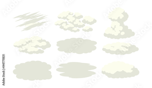 Isometric cloud icons set – cumulus, stratus, cirrus, overcast, fluffy, misty, atmospheric, cloudy