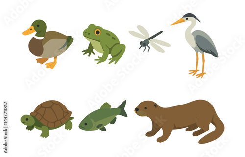 Lake wildlife icons set – duck, frog, dragonfly, heron, turtle, fish, otter