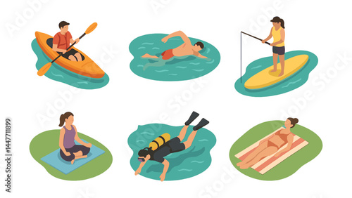 Lake activities icons set – kayaking, swimming, fishing, paddleboarding, yoga, diving, sunbathing