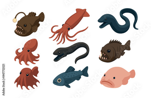 Deep sea creature icons set – anglerfish, squid, eel, blobfish