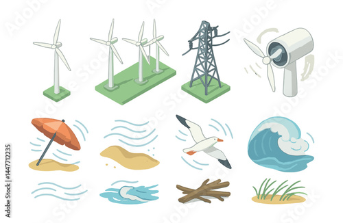 Sustainable energy and coastal icons set – wind turbine, power line, ocean wave, beach, seagull