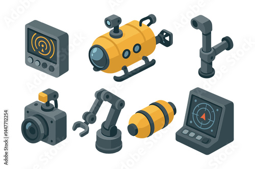 Submarine technology icons set – sonar, submersible, periscope, robotic arm, hull, controls