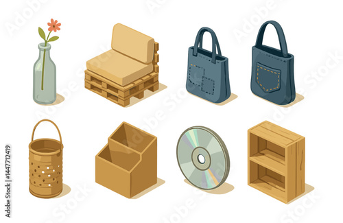 Isometric upcycled creations icons set – recycle, pallet chair, tote bag, vinyl record