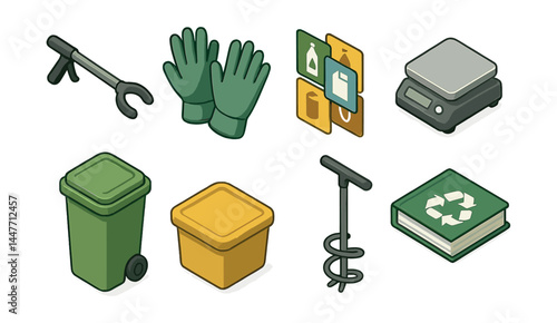 Recycling tools icon set – gloves, bins, recycle, grabber, scale, drill