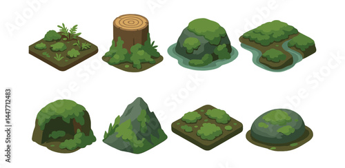Isometric moss habitats icons set – stump, rocks, waterfall, cave, hill, path, vegetation