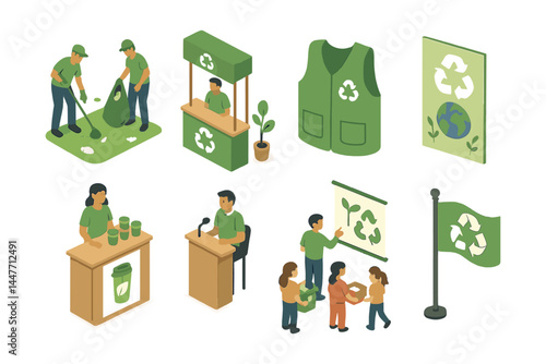 Recycling awareness icons set – collection, cleanup, vest, presentation, flag, display, booth