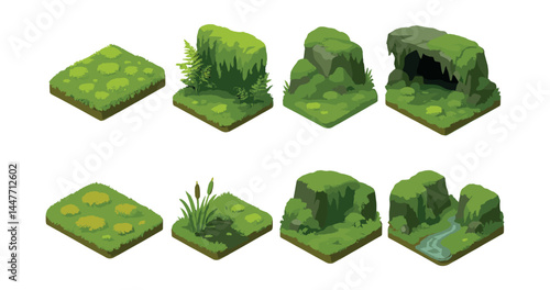 Moss ecosystem icons set – forest, rocks, cave, pond, stream