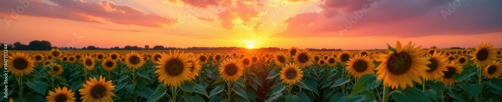 Obraz premium Sunset hues paint sky above vibrant sunflowers, corn stalks sway gently , sunlight, detail, agriculture