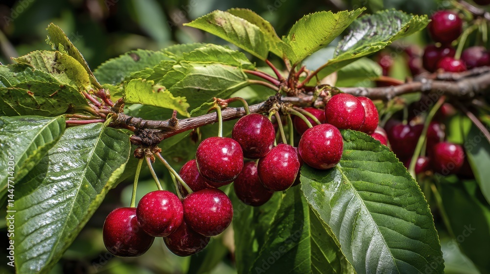 Obraz premium A cluster of ripe cherries, stems intertwined, against a sunlit background - background sunlit deep