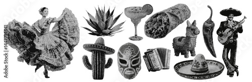 Set of mexican cinco de mayo halftone grunge vector design elements