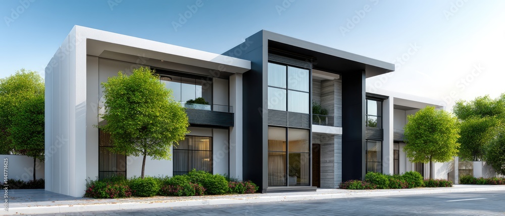 A modern two-story building with large windows, surrounded by greenery and a clear blue sky. A modern two-story building with large windows, surrounded by greenery and a clear blue sky.