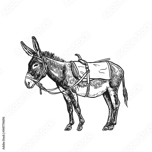 Black and white vector illustration of a donkey in detailed engraving style. Perfect for agricultural themes, traditional transport, farm life, vintage design, and countryside concepts.