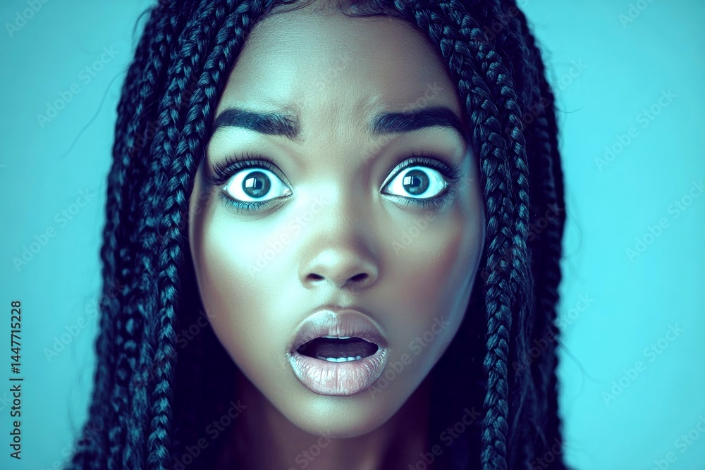 Commercial ad campaign visual idea. Long hairdo - braids hair. Pretty very astonished black girl - for ads, ad page and online networks networks use. Gorgeous long hair model. Black elegance.