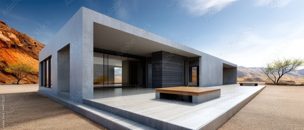 Modern minimalist house with large windows, flat roof, and mountain desert scenery in the background. Modern minimalist house with large windows, flat roof, and mountain desert scenery in the background.