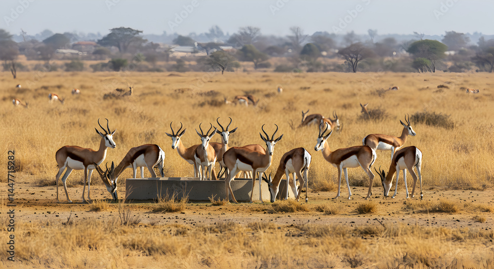 Herd of Springbok Antelopes Drinking Water at a Watering Hole in African Savanna Landscape Herd of Springbok Antelopes Drinking Water at a Watering Hole in African Savanna Landscape