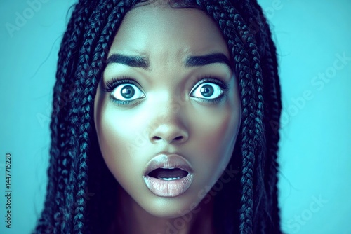 Obraz na płótnie Commercial ad campaign visual idea. Long hairdo - braids hair. Pretty very astonished black girl - for ads, ad page and online networks networks use. Gorgeous long hair model. Black elegance. w salonie