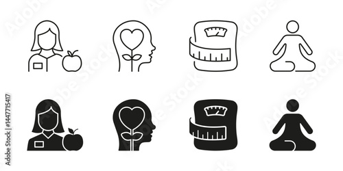 Health and Wellness Line and Solid Icon Set. Fitness, Mindfulness, and Nutrition Symbol Collection. Isolated Vector Illustration