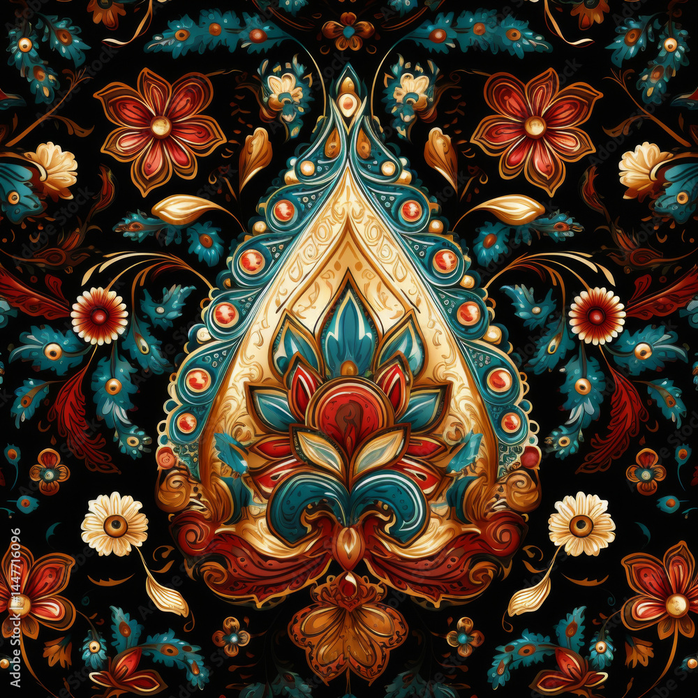 custom made wallpaper toronto digitalPaisley pattern with floral elements on red background, highly detailed