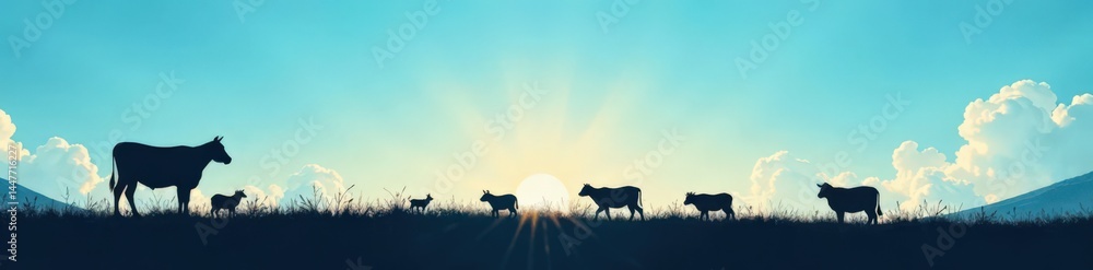 Fototapeta premium Farm animal silhouette against a clear blue sky , Nature, Farm Animals, Rural