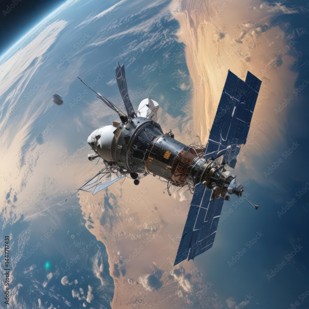 Naklejka premium spaceship in space, spaceship and space, spaceship flying over the earth