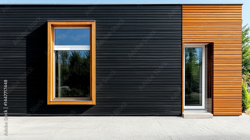Fototapeta premium Modern building exterior with black facade window and wood panels