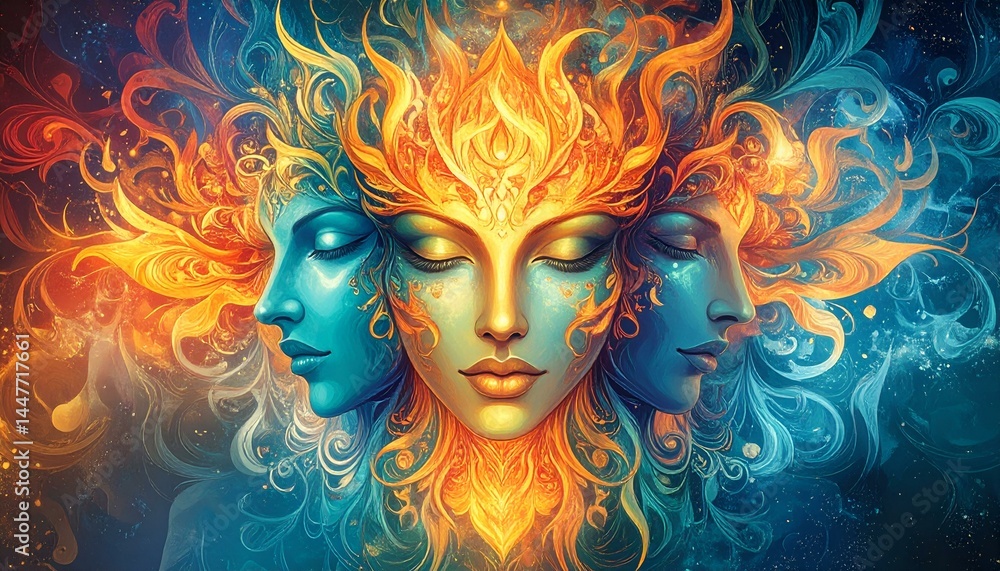 Mystical three-faced goddess with fiery and icy hair, surreal art, fantasy portrait. Mystical three-faced goddess with fiery and icy hair, surreal art, fantasy portrait.