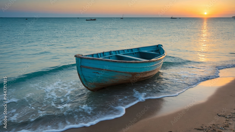 Naklejka premium A peaceful sunset casts golden hues over a tranquil beach, with a boat at the shore.