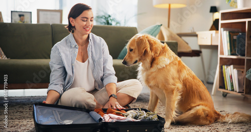 Canvas Print Suitcase, clothes and woman with dog in home packing for travel, holiday and international vacation
