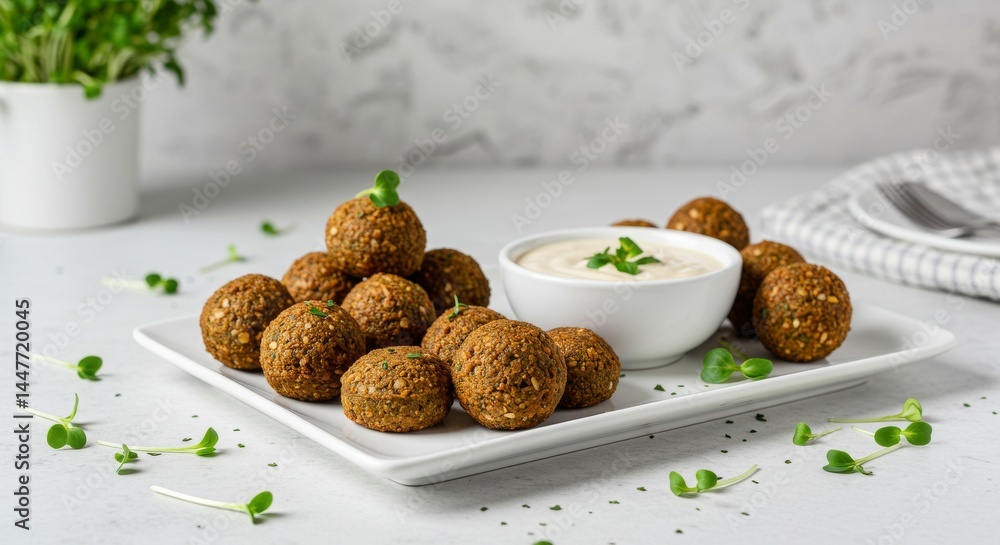 Falafel balls with creamy sauce on white plate Falafel balls with creamy sauce on white plate
