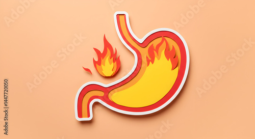 Stylized Stomach with Burning Flames in Orange and Red Colors on Peach Background