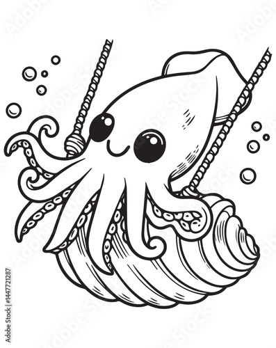 Coloring book squid swinging on a seashell with bubbles. A whimsical underwater playtime coloring education