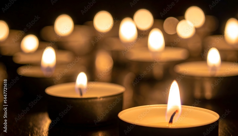Many burning tea light candles in the dark. Close-up shot of glowing flames and soft bokeh. Perfect for remembrance, peace, hope, and tranquility themes. Many burning tea light candles in the dark. Close-up shot of glowing flames and soft bokeh. Perfect for remembrance, peace, hope, and tranquility themes.