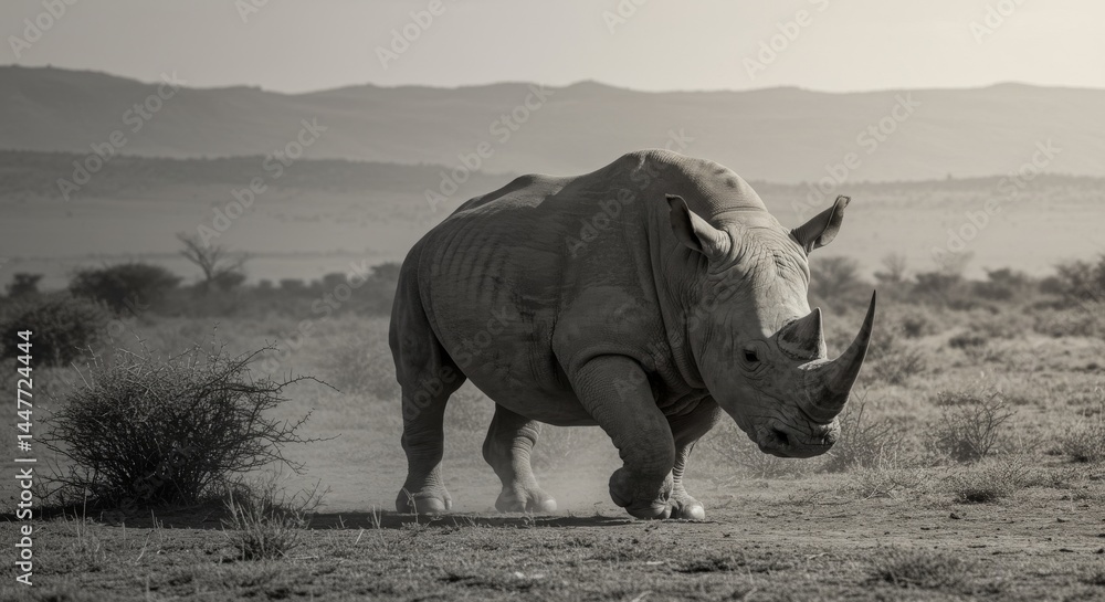 Fototapeta premium Monochrome rhinoceros walking through savanna landscape