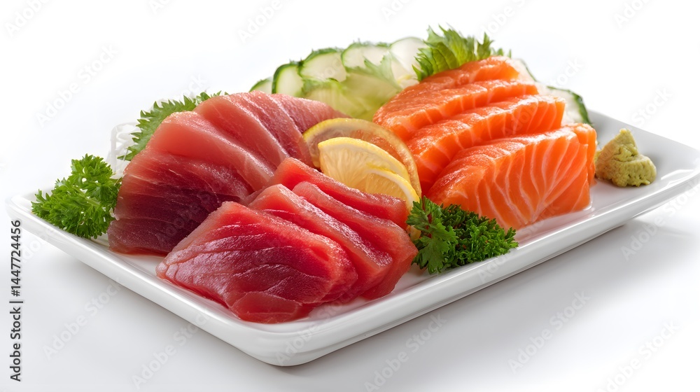 Fresh tuna and salmon sashimi served on a white plate, garnished with lemon slices. Fresh tuna and salmon sashimi served on a white plate, garnished with lemon slices.