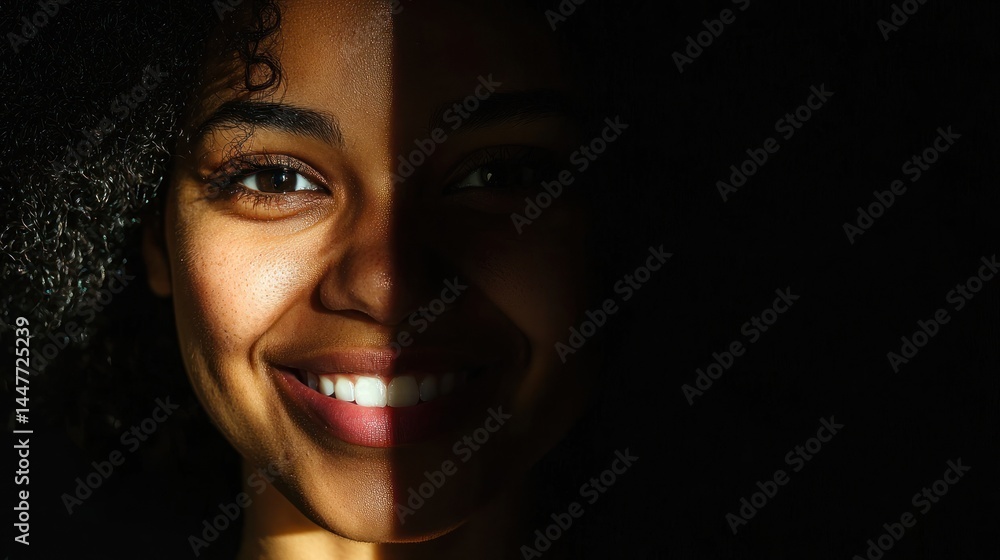 Half of a face showing joy, while the other half fades into darkness Half of a face showing joy, while the other half fades into darkness