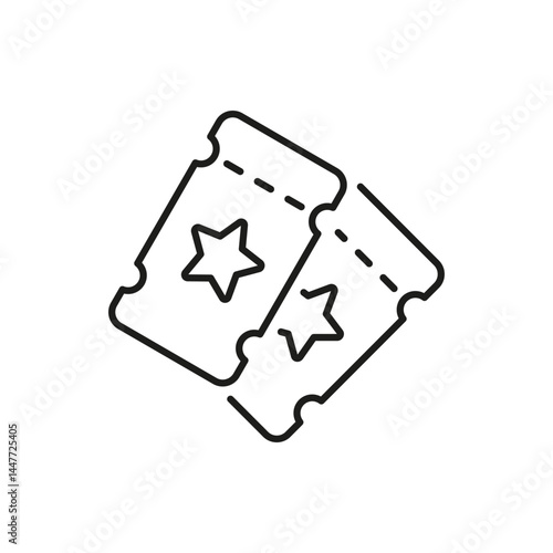Two Event Tickets With Stars Line Icon. Entertainment Access, Concert Admission, And Movie Pass Outline Symbol. Ticketing System And Event Planning. Editable Stroke. Isolated Vector Illustration