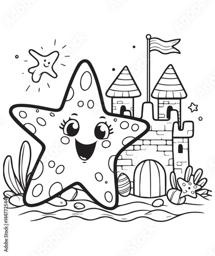 Coloring book starfish with fluttering lashes near a majestic underwater castle,