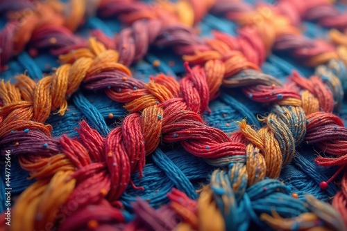 Intricate woven textile close-up, repeating motif, stitch, material, surface