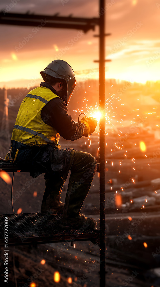Fototapeta premium Welding action by construction worker at sunset industrial site photography outdoor side view safety and craftsmanship