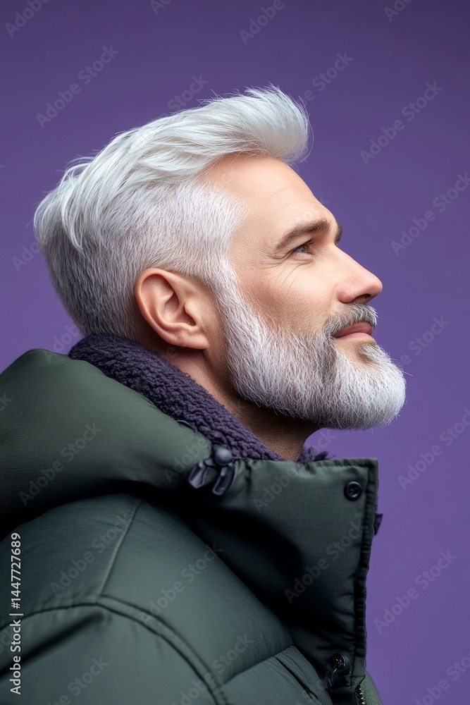 A graceful man with a warm and welcoming smile. Classy men's layered waves haircut - midlife white man with white hair. Purple solid background. Creative of style for aging men.