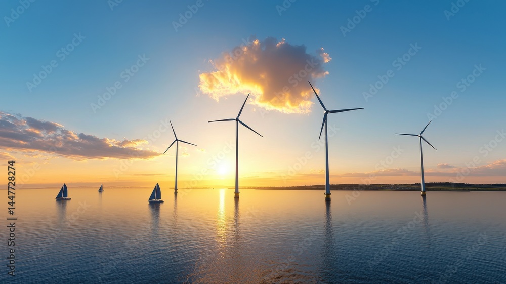 Obraz premium Offshore Wind Farm at Sunset with Sailboats wind farm offshore sunset ocean renewable energy turbine