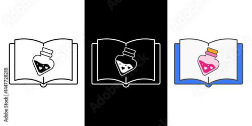 Love potion and book icon symbolizing romantic magic, spellbound stories, and fantasy romance in a charming style.
