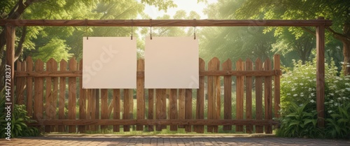 Wooden fence with hanging blank poster, idyllic park backdrop,  photo,  illustration