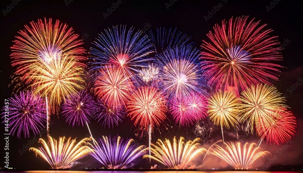 Fototapeta premium Spectacular fireworks display illuminating the night sky with vibrant colors and dazzling patterns. Perfect for celebration, festival, or holiday backgrounds.