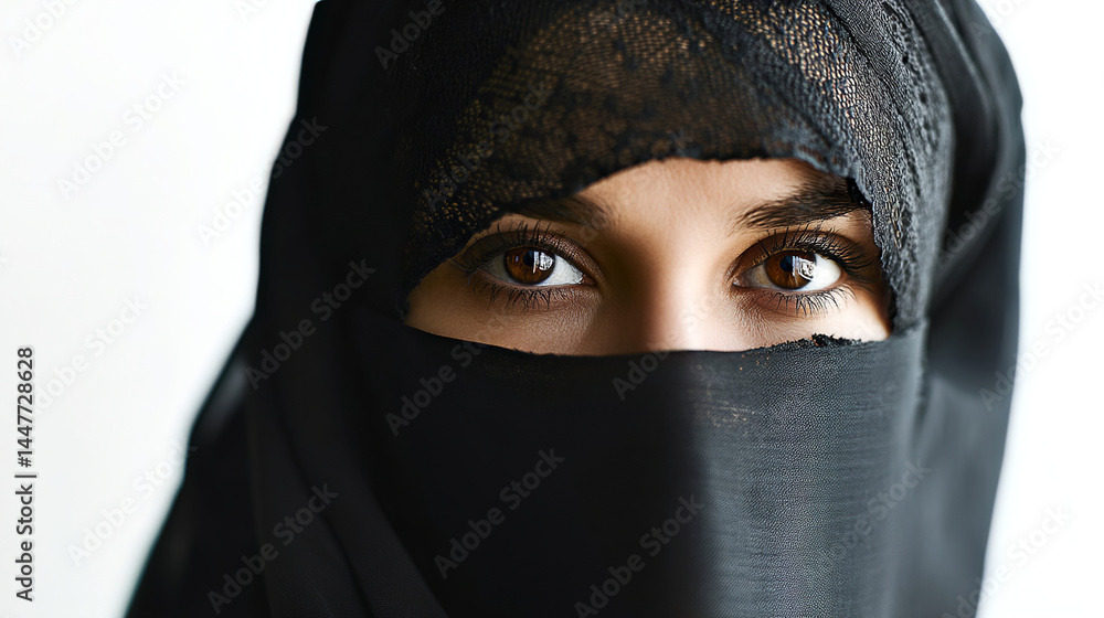 Portrait of a woman with a black niqab covering her face, with her captivating eyes highlighted. An image that evokes mystery, culture and the strength of the female gaze. Portrait of a woman with a black niqab covering her face, with her captivating eyes highlighted. An image that evokes mystery, culture and the strength of the female gaze.