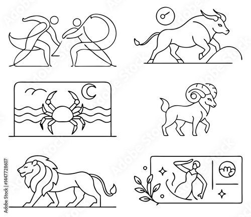 Zodiac Signs in Minimalist Line Art Style  