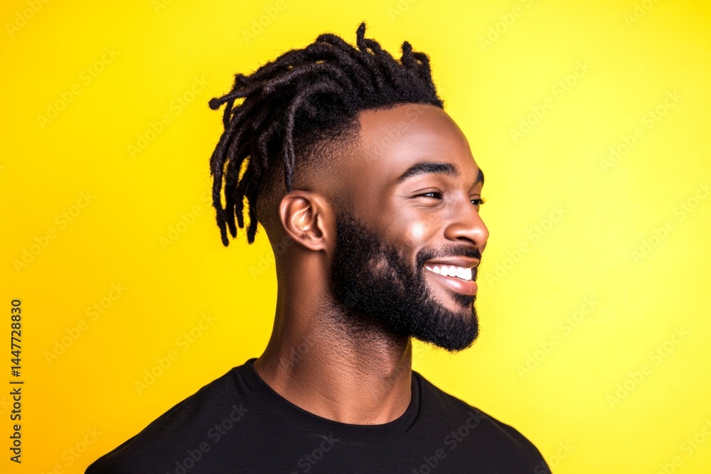 A man with a stylish hairdo looking confident. Idea of style for aging men. Classy men's short dreads haircut - midlife white man with black hair. Yellow solid background.