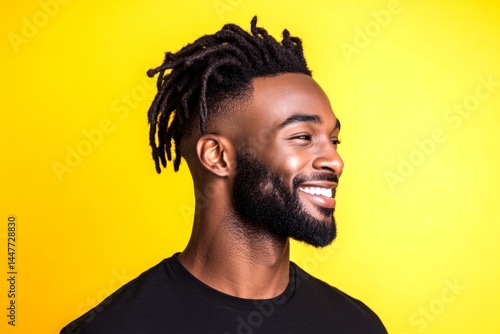 A man with a stylish hairdo looking confident. Idea of style for aging men. Classy men's short dreads haircut - midlife white man with black hair. Yellow solid background.