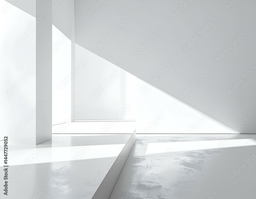 Fototapeta premium Minimalist white architecture interior with light and shadow play. Abstract geometric design. Modern, clean, and spacious. Perfect for backgrounds and design projects.