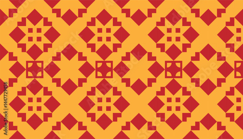 Traditional ethnic geometric pattern with pixel-like star motifs in red and orange hues